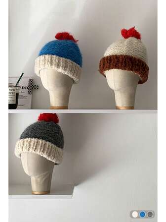 Söt fluffig Pom Pom-mössa med lapptäcke, avslappnad och mångsidig stickad varm mössa för kvinnor, höst/vinter