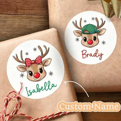 12/24/48 Personalized Christmas Stickers, Reindeer Christmas Name Labels, Happy Holiday Label, Kids Gift Label Stickers, Easy Peel Sticker, Gift Wrap Tags, Christmas Sticker Sheet, Christmas Greeting, Small Dim Sum Packaging Bag Stickers Custom Text, Holiday Decorations, Personalized Holiday Gift Labels Boy Girl, Holiday Envelope Stickers, Cute Christmas Decoration & Party Favors For Kids