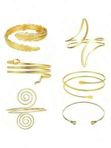 6pcs/Set Metal Simple Summer Beach Vacation Style Armlet Bracelet Jewelry Set, Suitable For Halloween Snake Decorations