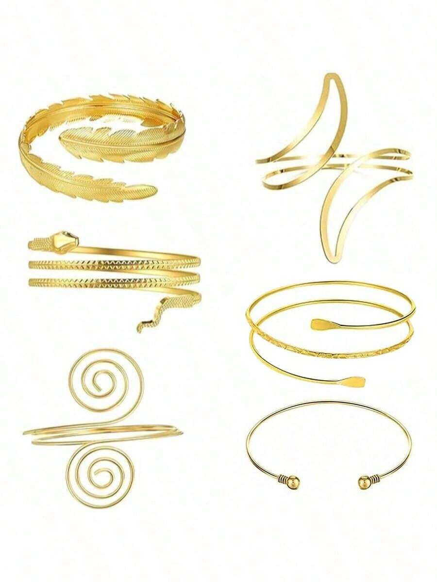 6pcs/Set Metal Simple Summer Beach Vacation Style Armlet Bracelet Jewelry Set, Suitable For Halloween Snake Decorations