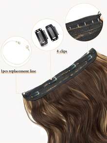 隐形钢丝接发，棕色到焦糖金色，自然波浪卷发片，女士合成接发，夹式假发片 - 間色 - 查看 5