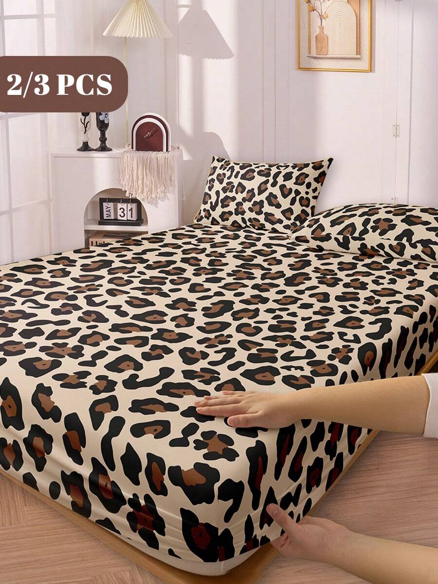 2/3pcs Printed Fitted Sheet Set, Bedding, Bed Sheets Set, Mothers Day Decorations, Soft And Comfortable Bedding, Skin-Friendly Bed Cover Set, Mother's Day Gift, Mattress Protector For Bedroom, Room Decor, For All Season, Fits Twin Full King Queen Size Bed, 1 Fitted Sheet And 2 Pillowcases, Machine Washable - 豹紋 - 查看 1