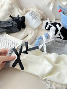 1 par de calcetines de mujer con lazo y contraste de color acanalado, lindos y versátiles, estilo lolita, calcetines blancos sencillos hasta el tobillo