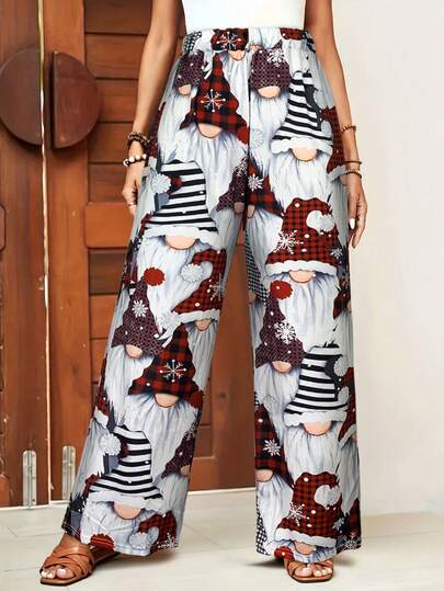 Women's Cute Christmas Gnome Print Wide Leg Pants, High Waisted Casual Holiday Trousers,Women's Casual And Fashionable Christmas Printed Straight Leg Pants,Casual Christmas Women's Clothing,Daily Christmas Outfit For Women