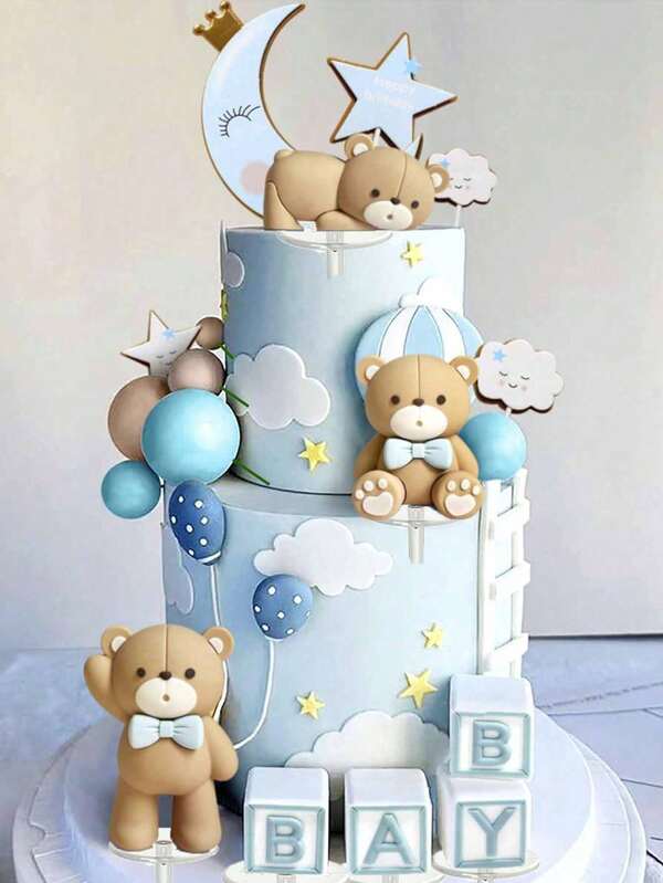 27 pezzi o 5 pezzi Decorazioni per torta a forma di orso, decorazioni per torta cute, orsi in posizione sdraiata, in piedi e seduti, decorazioni a forma di stelle e lune per torte, decorazioni per battesimi, feste del sesso del bambino, compleanni, decorazioni per la torta del primo compleanno, orsacchiotti in plastica morbida, decorazioni per la stanza, riutilizzabili