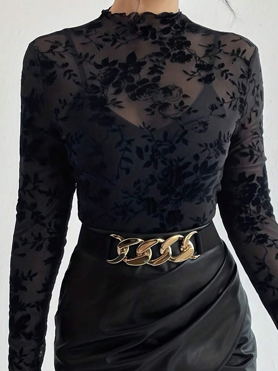 Women Basic Mesh Tops Casual Floral Prints Sheer Mock Neck Long Sleeve Shirt Blouses For Club Streetwear - 黑色 - 查看 1