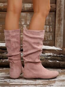 秋冬新款时尚西部风侧拉链踝靴/中筒靴，女款牛仔靴 - 粉色 - 查看 6