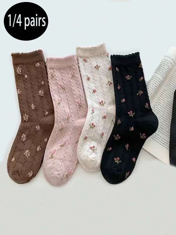 1/4 par de calcetines vintage para mujer, calcetines retro con volantes y estampado de rosas en 3D de estilo casual y versátil, calcetines de media caña con borde de burbujas y estampado floral diminuto al estilo coreano, cómodos y suaves, adecuados para uso diario casual, ir al trabajo, estar en casa, hacer deporte, como regalo, para todas las ocasiones y estaciones, calcetines lindos para primavera, verano, otoño e invierno