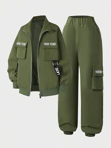 Tween Boy Zip-Up Long Sleeve Letter Print Casual Drawstring Cargo Jacket And Pants Set, Autumn