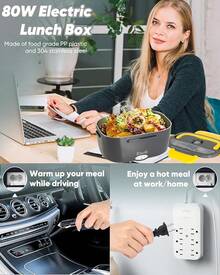 Lonchera Eléctrica - Fiambrera eléctrica de 60 a 80 W para adultos, calentador de alimentos portátil para coche, camión, trabajo, con tenedor y cuchara de acero inoxidable (Gray) - Gris Amarillo - Ver 6