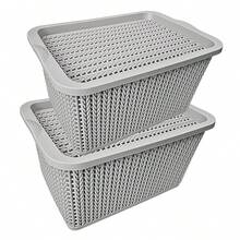 Vmingo Basket Organizer Box Plastic Rattan Woven Design Stackable With Lid Multipurpose Box For Clothes Toys Bathroom Kitchen Closet Decorative Storage Organizer For Home 2pcs - Grey - View 1