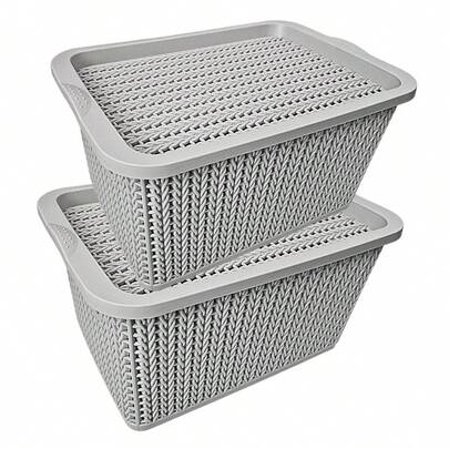 Vmingo Cesta Canasta Caja  Organizadora Plástico Rattan Diseño Tejido Apilable con Tapa Caja Multiuso para Ropa Juguetes Baño Cocina Closet Organizador Decorativo de Almacenamiento para Hogar 2pcs