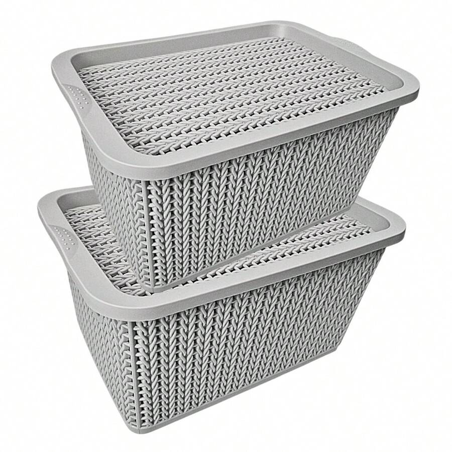 Vmingo Basket Organizer Box Plastic Rattan Woven Design Stackable With Lid Multipurpose Box For Clothes Toys Bathroom Kitchen Closet Decorative Storage Organizer For Home 2pcs - Grey - View 1