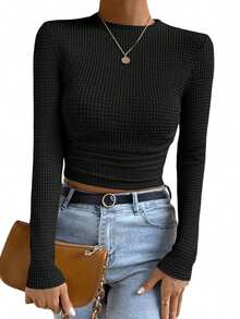 Women's Round - Neck Long - Sleeve Knit Top For Spring  Fall Casual, Shopping Wear - 黑色 - 查看 4