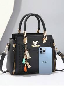 Elegant Embroidered Women's Handbag - With Detachable Shoulder Strap, Zipper Closure, Lake Blue/White/Red/Black, Non-Fading, Gold-Tone Hardware, Elegant Daily Choice | Handbag | Detachable Shoulder Strap - Black - View 5