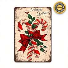 1pc Vintage Christmas Metal Wall Decor - Candy Cane, Holly Berries & Red Ribbon Bow - Heavy-Duty Metal Holiday Sign For Indoor/Outdoor - No Wiring Needed - Perfect Christmas Gift - 12x8 Inches (30x20cm) - Farmhouse, Retro, Classic Holiday Decoration, Festive Room Accent, Retro Festive Design, Weathered Finish - 彩色 - 查看 7