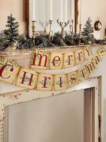 Vintage Merry Christmas Banner - Retro Nostalgic Traditional Old-Fashioned Christmas Wreath Letter Holiday Decor Flags, Suitable For Indoor Home Office Fireplace Mantel Farmhouse - Multicolor - View 5