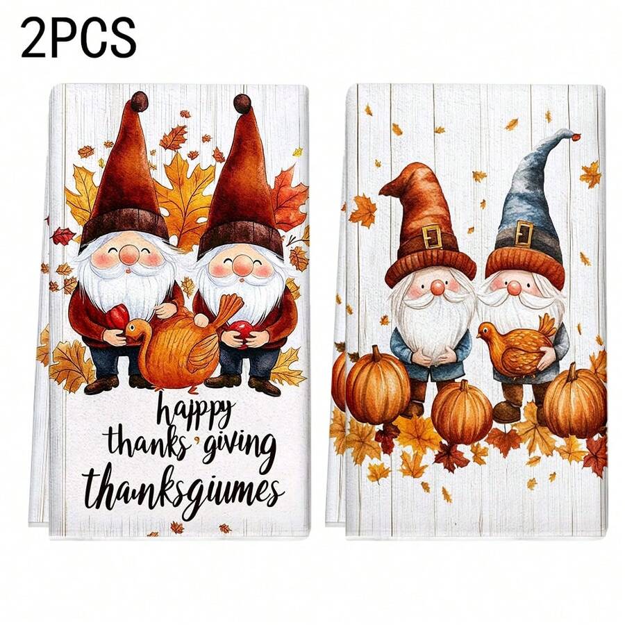 2 pièces/100 pièces Set de serviettes de cuisine avec motif d'automne, de nain et de citrouille, convient pour restaurant, cuisine, salle de bain, décoration intérieure, décoration de fête, cadeau de vacances, peut être offert comme cadeau de Thanksgiving