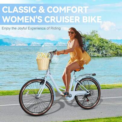 24 / 26 Inch 7 Speed Commute Bike For Adults, 7-Speed Ladies Bike With Basket & Rack, Perfect For City Commuting's Bicycle, Ideal For Women And Adults