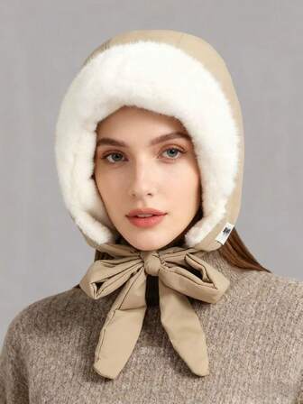 1 pieza Gorro tipo trampero inspirado en el vintage - Forro de piel sintética blanca, acento de lazo delicado, accesorio de moda de invierno para mujer, ideal para actividades al aire libre en clima frío (esquí, caminata, campamento)