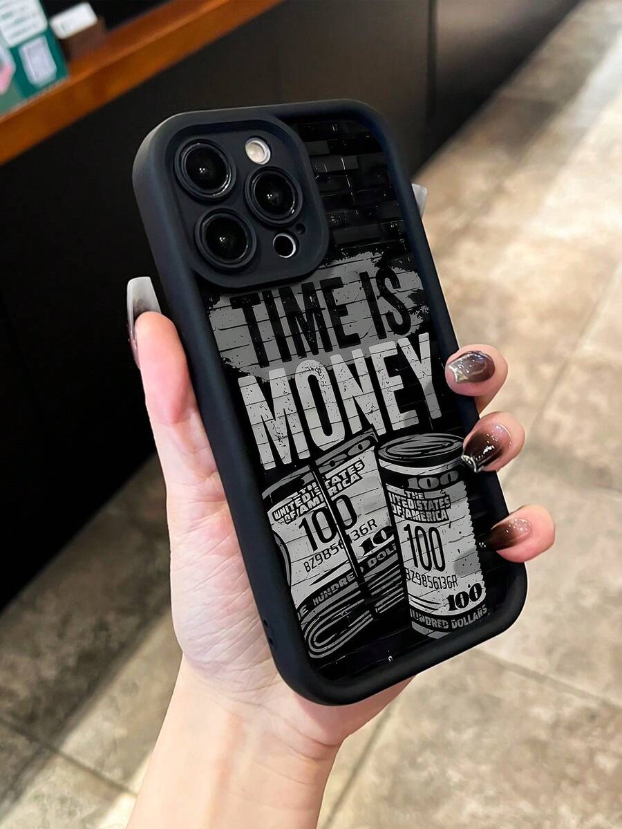 1pc Black Stylish "Time Is Money" Personalized TPU Thick Shockproof Phone Case Compatible With Iphone 11/12/13/14/15/16/13 Pro Max/14 Pro Max/16 Plus/17 Pro Max/17 Air, Street Style Protective Cover For Men - Black - View 1
