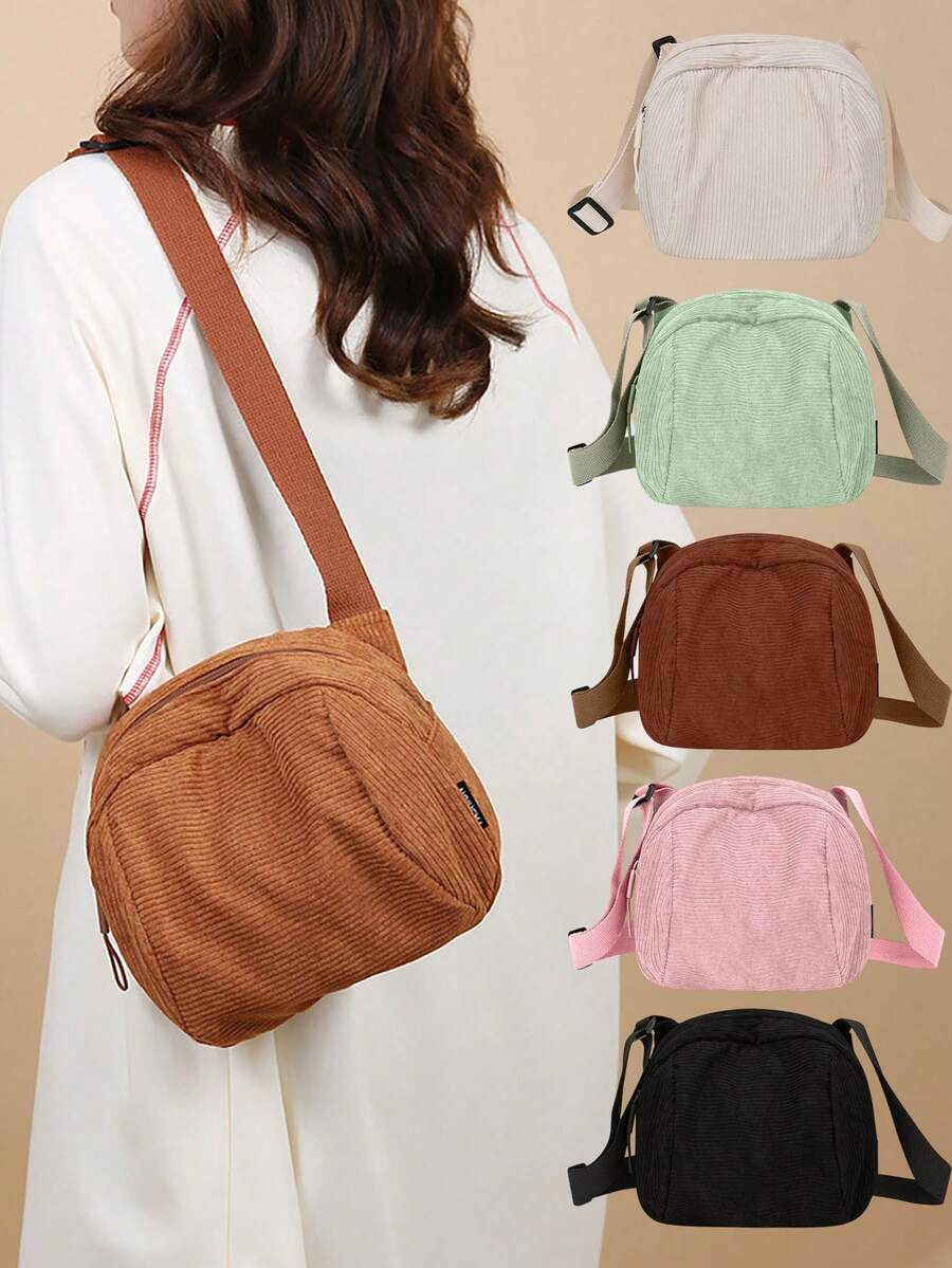 Bolso bandolera de mujer de pana estilo retro Harajuku, bolso de hombro casual estilo japonés, cierre con cremallera, unicolor, forro de poliéster, lavable - negro, blanco, verde, rosa, marrón, camello