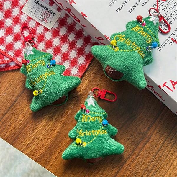 3pcs Plush Christmas Tree Ornaments With Cute Bells, Christmas Gift, Bag Charm, Student Backpack Decor