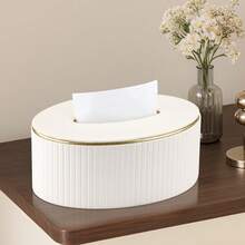 奢华竖条纹 PU 皮革椭圆形纸巾盒，优雅金边餐巾纸分配器 - 彩色 - 查看 4