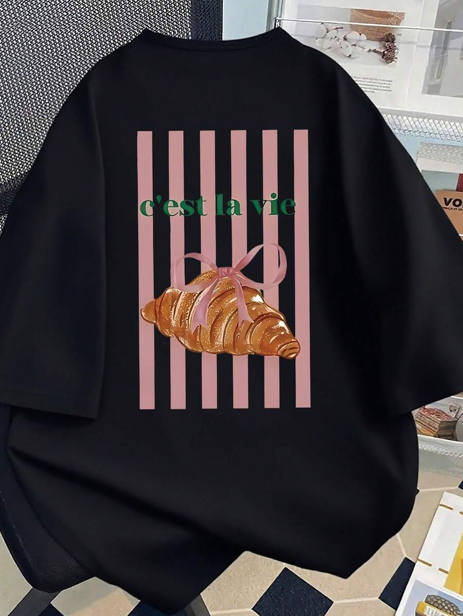 Plus Size Women's Casual Short-Sleeved T-Shirt With A Bright Croissant And Striped Pattern, Round Neck Spring/Summer Top. Black - Black - View 1