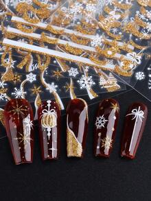 2pcs Reflective Christmas Nail Sticker Gold Simple Snowflake Christmas Tree For Xmas Winter New Year Nails Art Decoration Golden White Snowflake DIY Self Adhesive Decals Manicure Nail Design