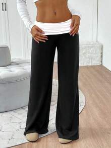 Fold Over Yoga Pants For Women Wide Leg Workout Sweatpants Y2k Striped Lounge Pants - 黑色 - 查看 3