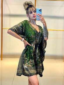 Elegant BOHO  Short Dress With Bat Sleeves, Wedding, Party, Leisure, Christening - Green - View 1