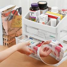 1个抽屉和6格塑料药品收纳盒 - 透明耐用塑料桌面收纳柜，防尘节省空间设计，适用于化妆品、文具、家居用品 - 多功能收纳方案，无需组装，现代风格
