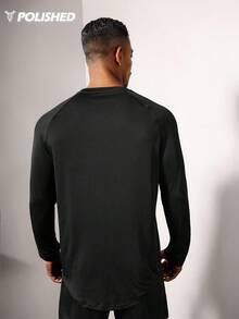 Boyfriend Style Men Solid Raglan Sleeve Curved Hem Sports Tee Long Sleeve Shirt Workout Tops Fall Fall Breathable - Black - View 2