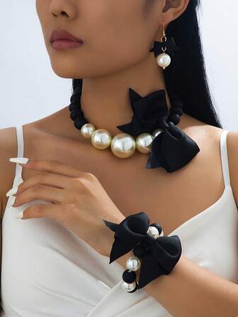 3pcs Handmade Beaded Bow Jewelry Set, Fashionable, Elegant, Cute, Sweet, Goth, Boho Style Lacquered Necklace, Bracelet, Earrings Set For Daily, Holiday, Date, Party Wear