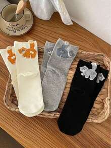 2 /4Pairs Random Cat & Bell Design Casual Mid-Calf Socks, Funny & Cute For Summer, Fall - Multicolor - View 11