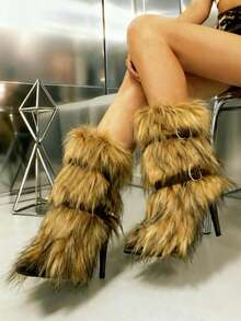 Women's Knee High Boots Point Toe Slip On Boots Sexy Stiletto High Heel Furry Boots Warm Straight Long Boots Belt Straps Decorative Fashion Boots Party Dressy Walking Women's Boots - 棕色 - 查看 5