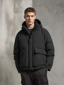 GOLFCROSS 男士冬季大口袋羽绒大衣，拉链连帽羽绒大衣，加厚冬季大衣情侣款，时尚，冬季礼物，秋季 - 黑色 - 查看 3