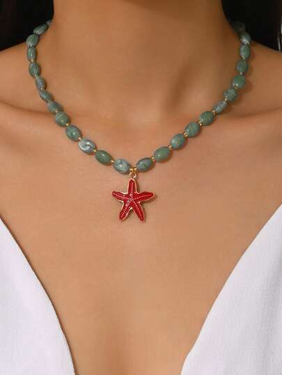 1 pieza Elegante y de moda collar de joyería bohemia para mujer con elementos marinos surtidos - Estrella de mar dorada, concha falsa de colores, concha, colgante de pez dorado, caballito de mar, langosta roja, sirena, cangrejo, cuenta de bambú, cuenta de jade falso, adecuado para todas las estaciones