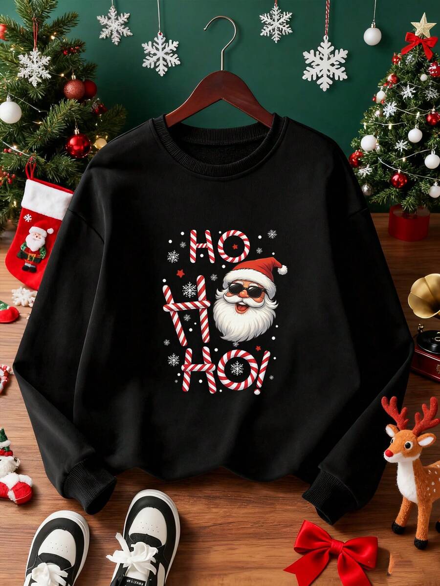 女装秋冬新款简约INS字母圣诞圣诞老人印花街头休闲圆领时尚百搭卫衣 - 黑色 - 查看 1