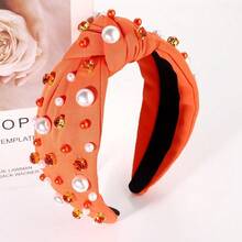 Pearl Knotted Headband For Women Game Day Hair Accessories Pearl Rhinestone Jeweled Hairband - 橘子A - 查看 3