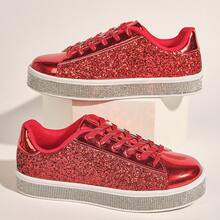 Women's Glitter Tennis Sneakers Neon Dressy Sparkly Sneakers Rhinestone Bling Wedding Bridal Shoes Shiny Sequin Shoes - Đỏ - Xem 5