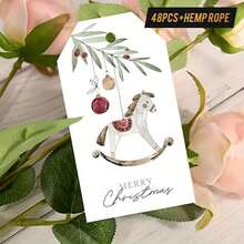 48pcs Vintage Christmas Gift Tags With Jute Twine - Elegant Rocking Horse, Red Berries & Hanging Loops, For Gift Wrapping, Classic Holiday Design With "Merry Christmas" - Suitable For Personal Or Commercial Use - Nostalgic Christmas Party Decor, Holiday Packaging Tags, Holiday Illustrations, Illustrations, Christmas Cards
