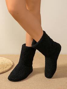 Botas Cano Médio Forradas Termicamente de Tecido Boêmio de Cor Sólida para Mulheres, Uso Doméstico, Outono/Inverno