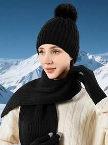 3pcs/Set Unisex Winter Warm Knit Beanie Hat, Scarf/Neck Warmer And Lined Touch Screen Gloves Set (With Pom Pom), Thermal Winter Gift - Multicolor - View 4