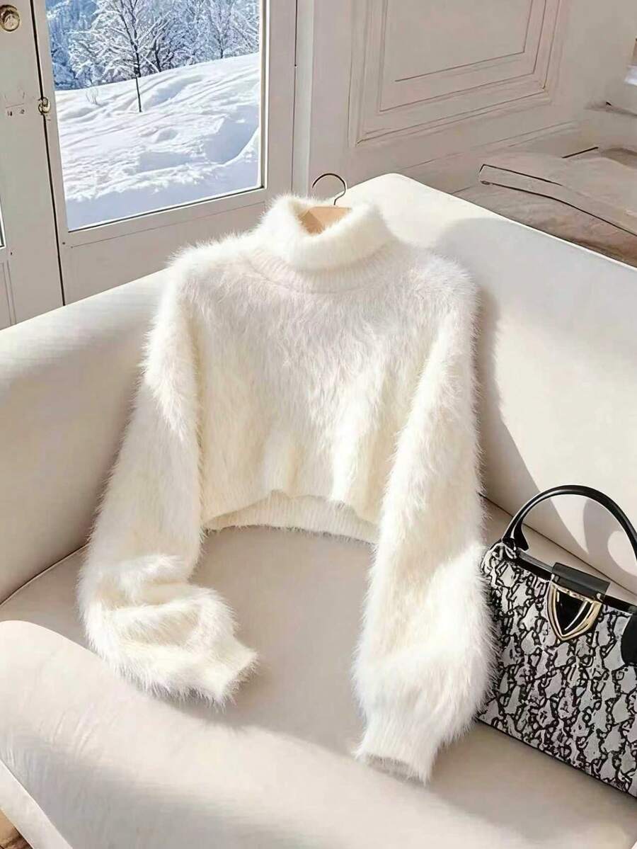 Women's Autumn And Winter New Fashion Short White Turtleneck Bottoming Shirt Simple Versatile Furry Woolen Knitted Pullover Tops
