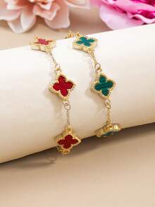 (2pcs/Set) 2pcs Simple And Stylish Lucky Clover Bracelet, Featuring Gold Dripping Four-Leaf Clover Charm Matching With White And Black Multilayer Chain Bracelet, Women's Copper Bangle Suitable For Daily Wear Such As Dating, Graduation, Back To School Season, Making Friends, And Parties Valentines,Mom,Mother,Mother's Day,Gift