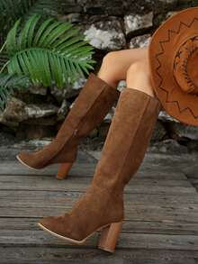 2024 Autumn/Winter New Plus Size Imported Suede Thick Heel Pointed Toe Side Zipper Solid Color High Heel Women Riding Boots,Party - Camel - View 2