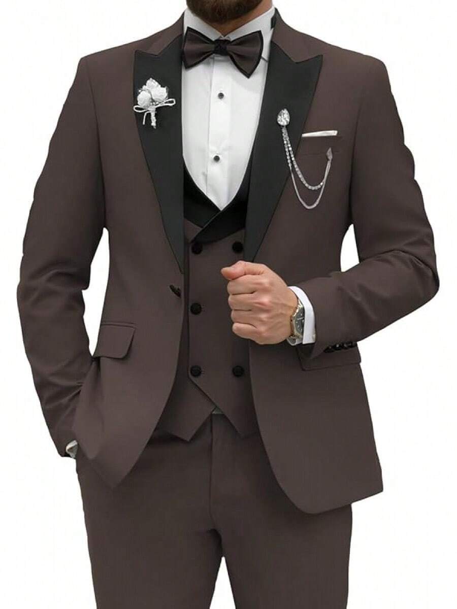 2026 Men's Casual Blazer & Pant Set  Men's Tuxedo Suit 3 Piece Slim Fit Suit For Men Tuxedo For Men Wedding Party Dinner Prom Relaxed Stretch Fit For Smart Casual Events - Coffee - 查看 1