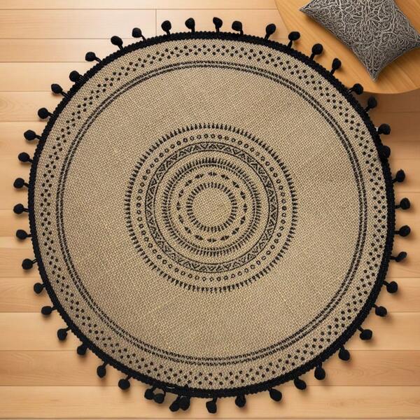 1pc/4pcs/6pcs/8pcs Round Heat Insulation, Anti-Fouling Coarse Linen Placemats - 15 Inch Diameter Round Country Style Placemats With Tassels (4 Pieces Set) - Heat Resistant Farmhouse Dining Table Decor, Suitable For Kitchen, Dining Table, Cafe, Bar, Linen Pom Pom Black Pattern Daily Decor, Hotel Or Business Office Table Mat, Non-Slip Heat Resistant, Can Be Used For Birthday, Wedding, Party, Easter, Christmas, New Year, Housewarming, Graduation Ceremony, Indoor And Outdoor